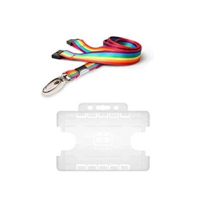 Image of ID Card It Rainbow Lanyard Neck Strap with Safety Breakaway and Strong Clip Pass Badge Holder for Work, Office, NHS, Pride (Metal Clear Double)