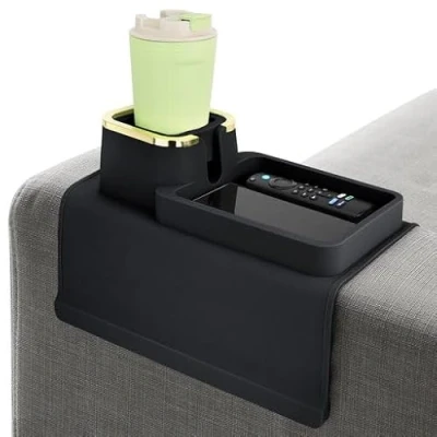 Image of LifeBox Couch Cup Holder Tray &amp; Coffee Silicone Sofa Arm Rest Caddy for Recliner Chair Remote Table Black