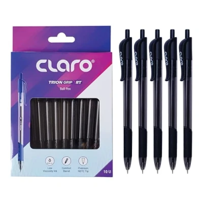 Image of CLARO Trion Grip RT Retractable Ballpoint Pens, BLACK, Fine Point (0.7mm), Pack of 10, Smooth Ball Perfect for School Office Home Everyday Use