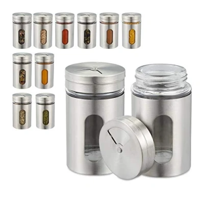 Image of Relaxdays 10027637 Spice Shaker Set of 12, 3 Dispensing Sizes, Window, Herb Jars, Glass, Stainless Steel, Containers, Silver, Plastic