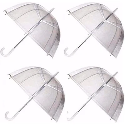 Image of SKYTE® 4 x Set Rain Umbrellas Dome Birdcage Transparent PVC Wedding Brolly Clear Bubble White Handle And Spike Walking Ladies Mens Unisex Party Parasol Bridesmaid Bridal