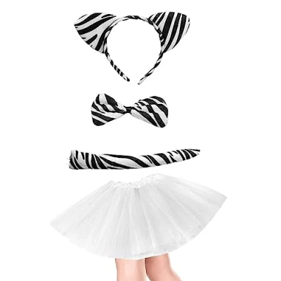 Image of Lizzy Ladies ANIMAL Fancy DRESS Tutu with EARS BOW TAIL SET for Halloween, Hen Party Outfit Skirt (Zebra Costume)