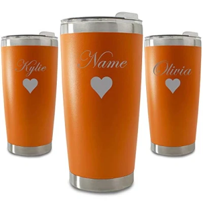Image of Personalised Engraved 500ml Orange Travel Cup with Name and Heart Design, Personalise Any