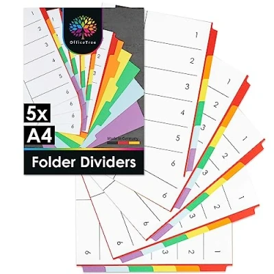 Image of OfficeTree 5X Folder Dividers A4 with 6 Tabs File Coloured Paper Cardboard for Ring Binders Made in Germany