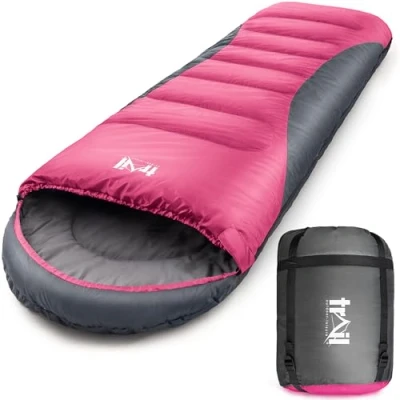 Image of Trail Alpine 400 Hooded Sleeping Bag, 3 to 4 Season Extra Warm Double Quilted 400gsm Hollowfibre Filling, Snug Drawcord Hood, Full Length 2 Way Zipper, Single Adult, Lightweight with Bag (Pink)
