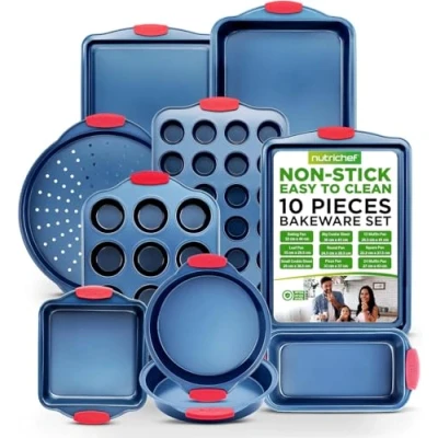 Image of Kitchen Oven Baking Pans Deluxe Nonstick Blue Coating Inside &amp; Outside Carbon Steel Bakeware Set with Red Silicone Handles, Durable Reliable Cookie Sheet Pan Style