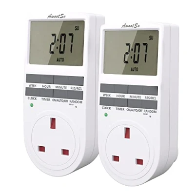 Image of 2 Pack Awootsv Digital Security Timer Plug Socket 10 ON Off Programs Programmable Switch with Random Mode, for Lights and Home, 24 Hours/Weekly Indoor Automatic Switch, 230V, 13A, 2900W