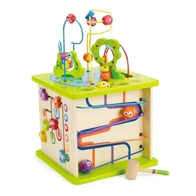 Image of Hape Country Critters Play Cube Wooden Learning Puzzle Toy for Toddlers, 5 Sided Activity Centre with Animal Friends, Shapes, Mazes, Balls, Shape Sorter Blocks and More