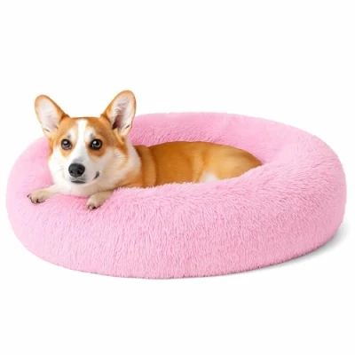 Image of Calming Donut Cat Bed, Fluffy Plush Round Dog Cosy Soft Washable Cushion Self Warming Pet Beds Non Slip Bottom, Anti Anxiety Indoor Sleeping Cuddler Nest for Medium Large Dogs (Light Pink 90cm)