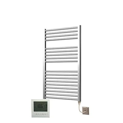 Image of Greened House Extra High Heat Output Chrome Electric Towel Rail 600 x 1000mm Flat Bathroom Radiator Heater Up to 26% More + Timer and Thermostat