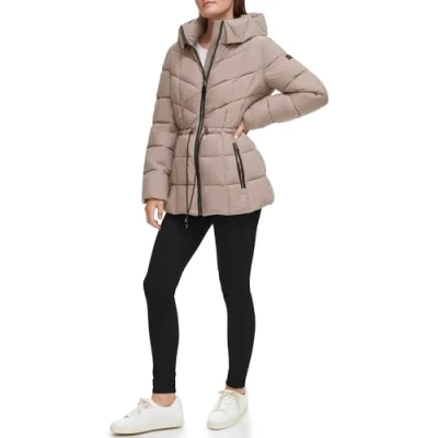 Image of DKNY Women&#039;s Hooded Cinch Waist Puffer Coat Fleece Jacket, Thistle, XS