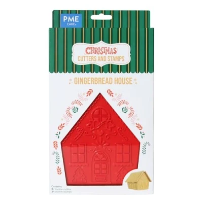 Image of PME CH24CCC102 Christmas Cookie Cutters &amp; Stamps, Gingerbread House (Set of 3), Plastic, Red