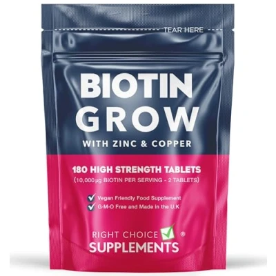 Image of Biotin Hair Growth Supplement 180 Tablets Enhanced with Zinc &amp; Copper 10,000 µg (mcg) per Serving Vegan, Skin Nails Vitamins