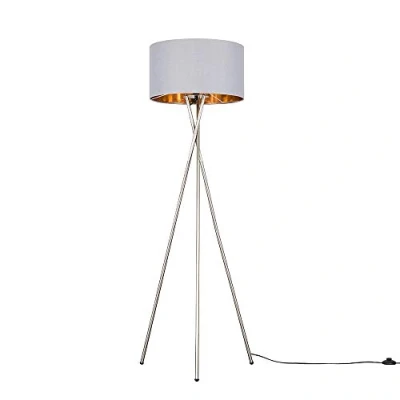 Image of MiniSun Modern Brushed Chrome Metal Tripod Floor Lamp with a Grey and Gold Shade Lamps &amp; Torchieres, Home Décor, Improvement Lifestyle Essential