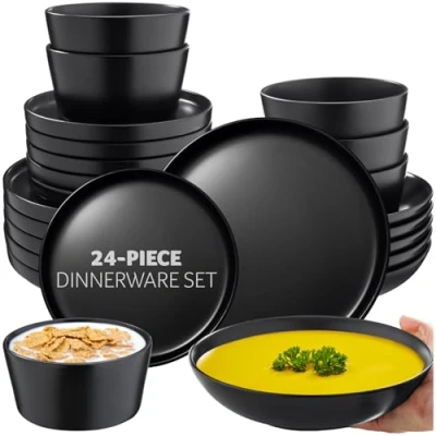 Image of tectake® 24 Piece Dinner Set for 6 People, Versatile Stoneware Plates and Bowls with Glaze, Microwave Dishwasher Safe Crockery Modern, Sleek Tableware Ideal Everyday Use Black