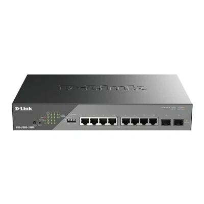 Image of D Link DSS 200G 10MP/B 10 Port Gigabit PoE+ Smart Surveillance Switch 8x 1000BASE T and 2x SFP, 802.3af/at, 130W PoE budget, Extend to 250m, Fanless, VLAN, QoS, ERPS, ONVIF