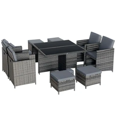 Image of Outsunny 8 Seater Rattan Cube Garden Furniture Set, Dining Set with Cushions, Outdoor Table and Chairs 4 Armchairs, Stools, Square Glass Top for Patio, Balcony, Grey