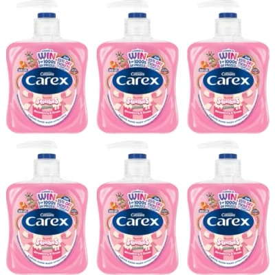 Image of Carex Fun Editions Squashies Strawberry &amp; Cream Hand Wash Pack of 6, Antibacterial Soap with Edition Swizzles Love Hearts Fragrance, that Cleans, Cares and Protects, 6 x 250ml