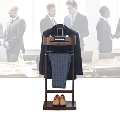 Image of ZGNB Wardrobe Valet Solid Wood Suit Stand, Floor Standing Clothes with Drawer Shelf, Stand Suits Trouser Bar Jacket Hanger, for Office Living Room Bed Room, Brown