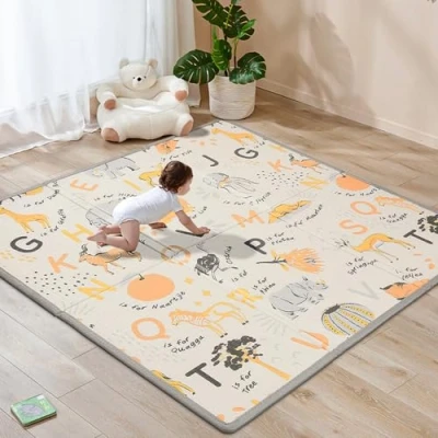 Image of Sour Lemon 120x120cm Folding Wildlife Mat, Thick Padded Baby Crawl Play Foldable Kids Playmat, Large Activity Non Slip, Waterproof, Double Sided Playpen Mat