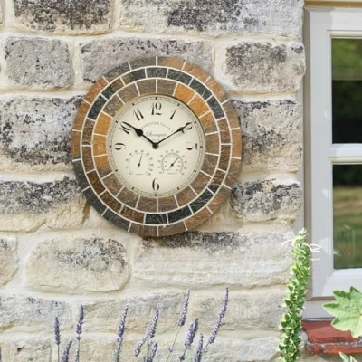 Image of Stonegate Mosaic Quartz Wall Clock &amp; Thermometer Battery Powered Weatherproof Stone Effect Indoor Outdoor Home Garden Decoration with Humidity Temperature Dials 33.5cm Diameter