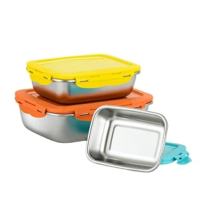 Image of FAB4HOME Leak Proof Stainless Steel Food Storage Container Set of 3 Meal Prep Metal Fresh for Freezer Oven Dishwasher Safe, 600ml/ 1500ml/ 2900ml Multicolour Stackable