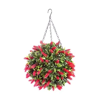 Image of Best Artificial Lush Red Long Leaf Lavender Hanging Flower Ball Topiary Grass **UV Fade Protected** (28cm)