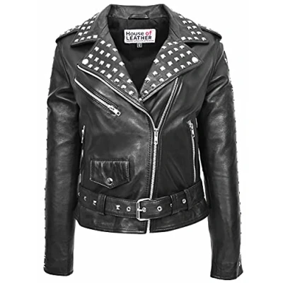 Image of Womens Real Leather Biker Jacket Studded Brando Heidi Black (14)