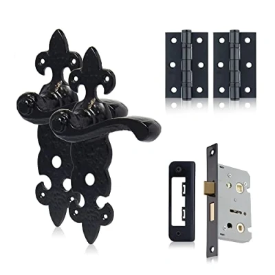 Image of XFORT Smithy&#039;s Range Fleur De LYS Lever Bathroom Pack Black Antique, Complete Set with Handles, 65mm Mortice Lock and 75mm Hinges, Door Handles for Internal Wooden Doors.