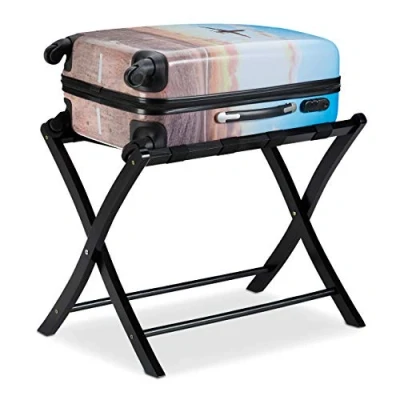 Image of Relaxdays Wooden Luggage Rack, Foldable Suitcase Storage Stand, for Travellers, Black, H x W D: app. 52.5 66.5 48 cm