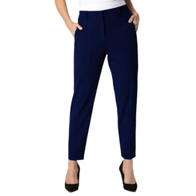 Image of Roman Originals Work Trousers for Women UK Ladies Office Smart Stretch Suit Pants Cigarette Straight Leg Tailored High Elasticated Waist Tapered Ankle Grazer Slim Short Navy (25 inch) Size 16