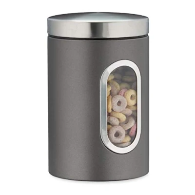 Image of Relaxdays Storage Canister, Lid, Window, 1.4 L, for Coffee, Flour, Pasta, Kitchen Pantry Container, Jar, Metal, Grey