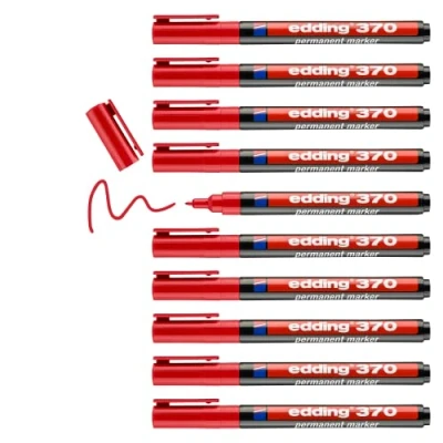 Image of edding 370 red box of 10 fine bullet nib 1 mm waterproof, quick drying multi purpose marker, universal pen for cardboard, plastic, wood, metal, glass, pebbles, canvas