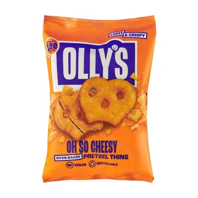 Image of Olly&#039;s Pretzel Thins, Oh So Cheesy, 140g (Pack of 7), Handy Snack Pouches, Healthy Plant Based Vegan Snacks for Dipping, Low Calorie Snacks, Fat, Source Fibre, No Preservatives
