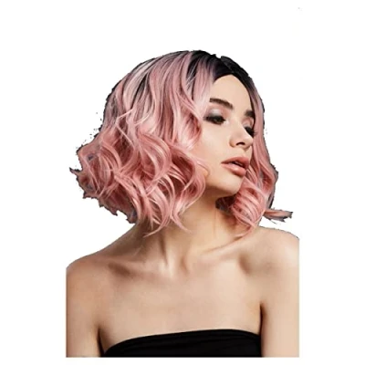 Image of Smiffys Fever Kourtney Wig, Two Toned Blend, Baby Pink Curls Long Bob, Centre Parting, 30cm/ 12in, Wigs Fancy Dress, Dress Up