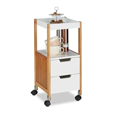 Image of Relaxdays Kitchen Cart with Drawers, Tea Trolley, On Wheels, MDF, Bamboo, HWD: 69x30x30 cm, White, 69 x 30 cm