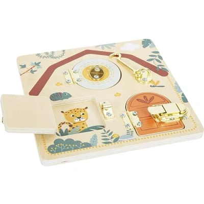 Image of small foot Lock Motor Activity Board Safari, Wooden Toy with Various latches, for Ages 3+ Years, 12460