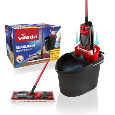 Image of Vileda All Floor Cleaning System with Bucket, Drainer and Stand Microfibre Cloth Black/Red