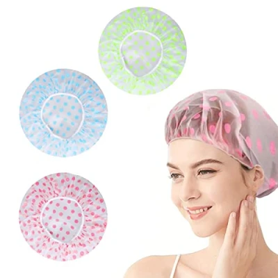 Image of 3 Pack Shower Caps for Women, Waterproof Reusable Hats Elastic Hair Bath Ladies Spa Salon