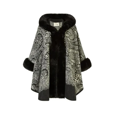 Image of Yumi Black Faux Fur Trim Cape With Paisley Print M/L