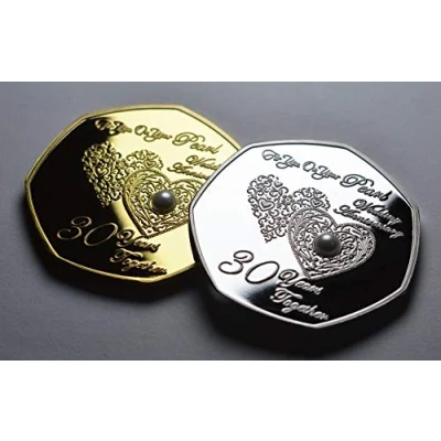 Image of The Commemorative Coin Company Pair of 30th PEARL WEDDING ANNIVERSARY Silver &amp; 24ct Gold Commemoratives with Gemstone. Gift/Present. 30 Years Together. Husband/Wife/Parents