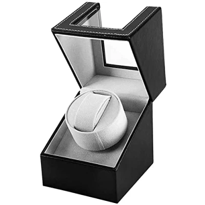 Image of DRAIGERWAY Automatic Watch Winder Box Single PU Leather Case with Quiet Motor Battery Operation or Power Supply for Watches, Black 125b dgw, Modern