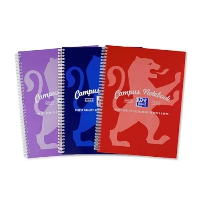 Image of Oxford Campus, A4 Notebook, Wirebound, 140 Page, Assorted Colours Pack of 3, Thick White Optik+ Paper