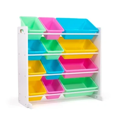 Image of Humble Crew Children&#039;s Shelf, Toy Organiser Shelf with 12 Storage Boxes, Grey/White