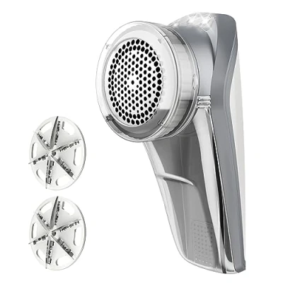 Image of MR.SIGA Fabric Shaver and Lint Remover, Battery Operated Portable with LED Lights, 2 Replaceable 6 Leaf Blades, Cream/Gray