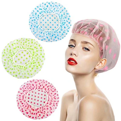Image of Shower Caps 3 Packs, Waterproof Cap for Women Reusable Hat Bath with Elastic Band, Large Plastic Long Hair Environmental Protection Hats Ladies Girls Kids Spa Salon