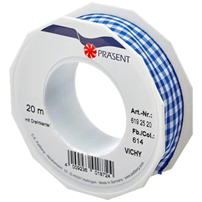 Image of C.E. Pattberg Präsent Vichy Wired Ribbon Blue White 25 mm width, 20 m length