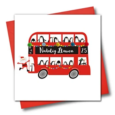 Image of Welsh Language Embellished Christmas Greeting Card, Nadolig Llawen, Happy Christmas, Santa On The Bus