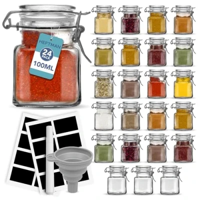 Image of HEFTMAN Clip Top Glass Jars 24 x 100ml Spice with Lids and Labels Airtight Seal Small &amp; Funnel Perfect for Herbs, Spices, Oils, Décor, Mini Jam Rack