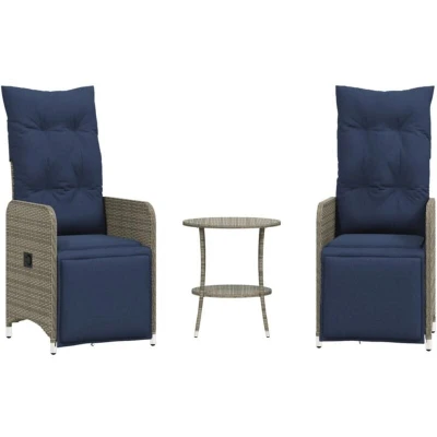 Image of vidaXL Reclining Garden Chairs 2 pcs with Table Grey Poly Rattan